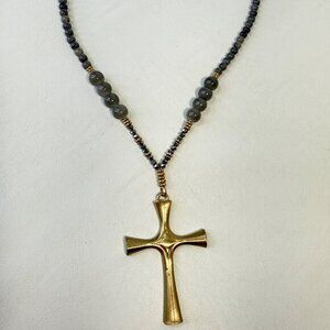 Gold Tone Cross‎ Necklace Rosary Gray Stone Beads Long Length